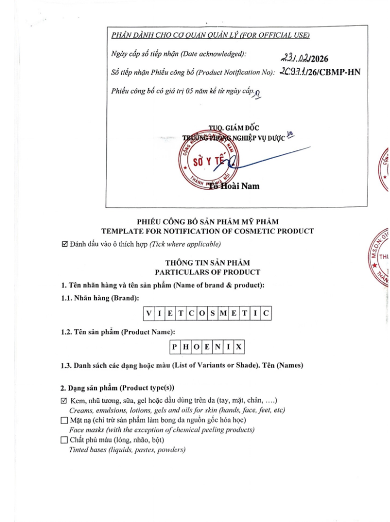 Phiếu Công Bố Sản Phẩm Mỹ Phẩm - Phoenix by Vietcosmetic - Sở Y Tế cấp phép